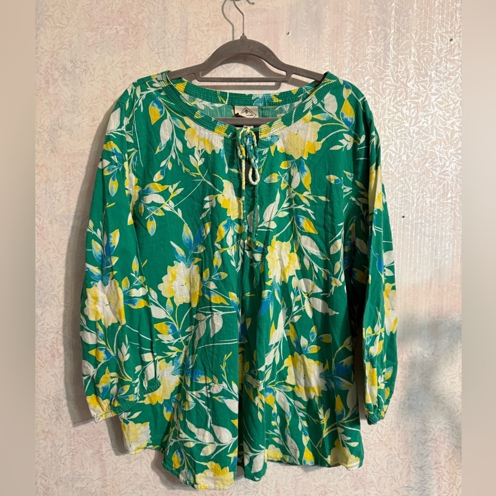 St Johns Bay Blouse Womens Green Floral Boho Peasant Cottagecore Top, Sz XL
